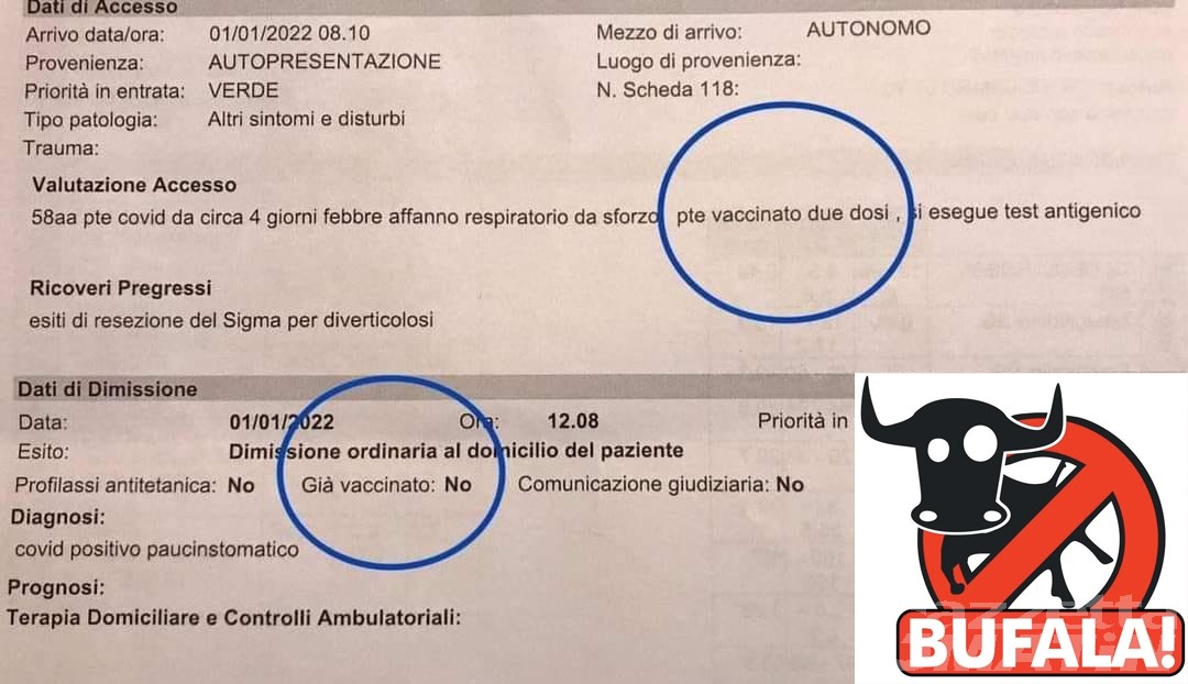 Referto Pronto Soccorso: pazienti senza terza dose considerati non vaccinati: è una bufala!