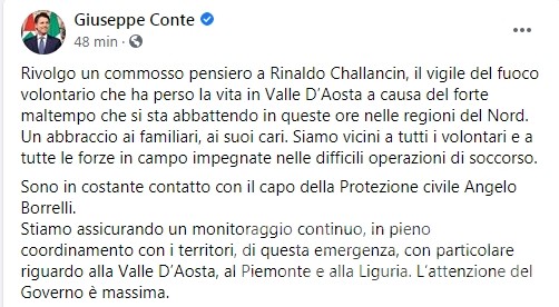 Tragedia ad Arnad: il cordoglio del premier Conte per la morte di Rinaldo Challancin Tragedia ad Arnad: il cordoglio del premier Conte per la morte di Rinaldo Challancin